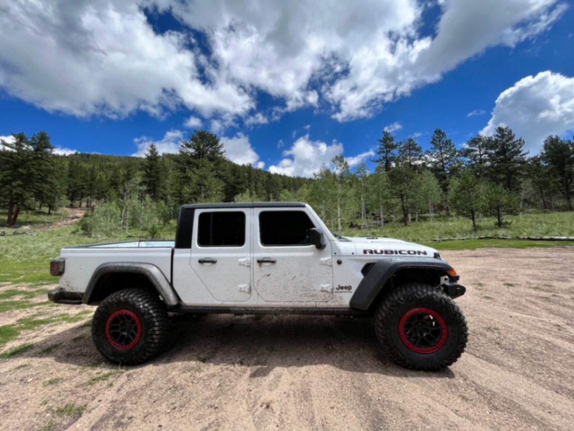 Asbjørn Jeep Gladiator Rubicon side profile in alpine meadow