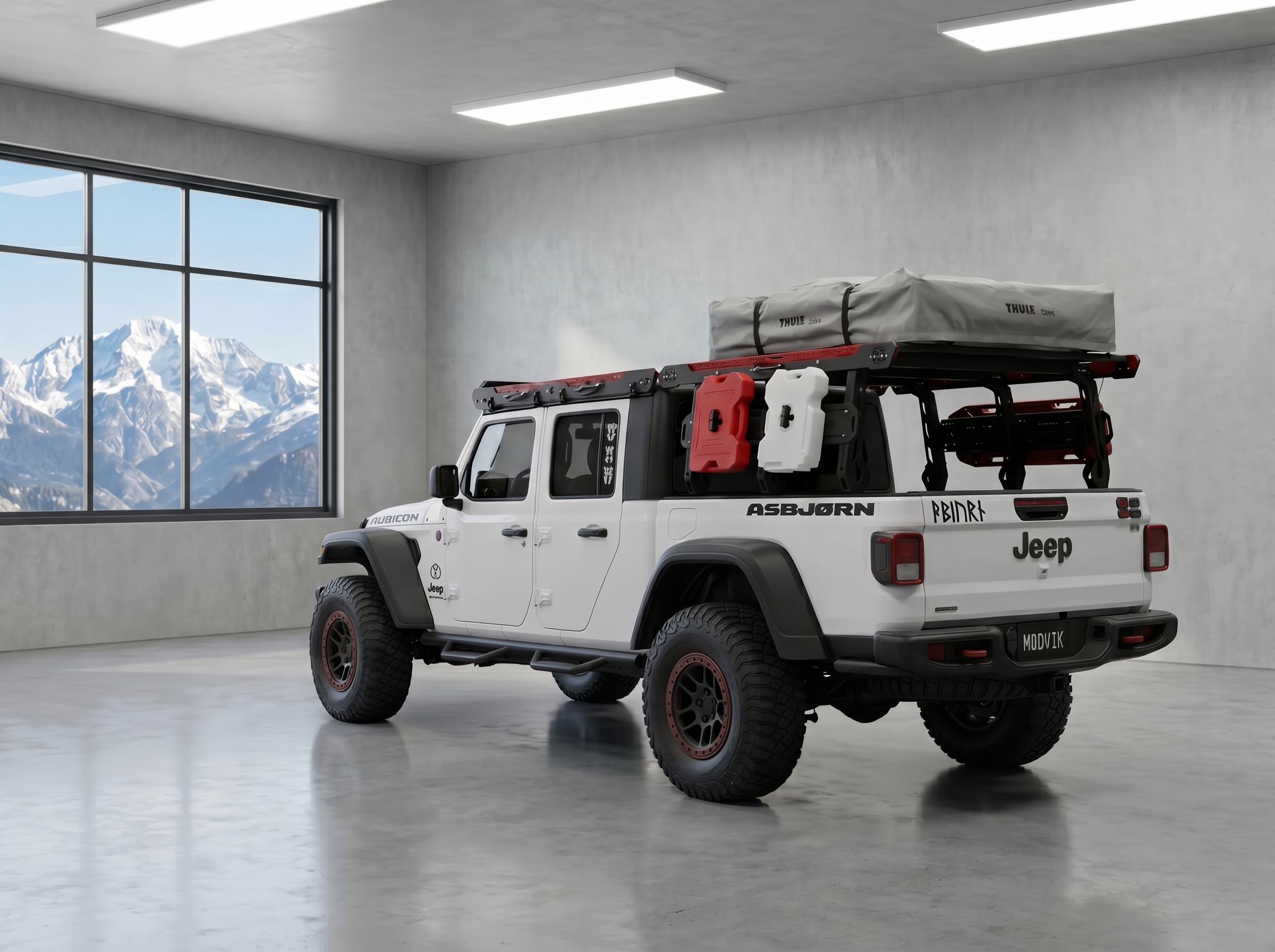 White Jeep Gladiator Rubicon overland build with roof tent in alpine terrain