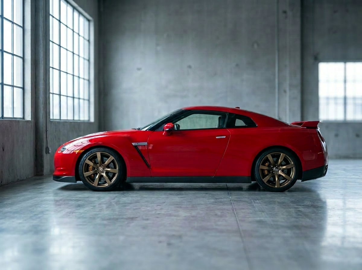 Red Nissan GT-R R35 with bronze wheels in a minimalist concrete workshop