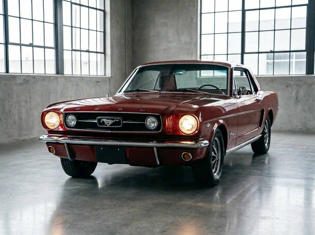 Deep red 1966 Ford Mustang with headlights on in a minimalist concrete workshop
