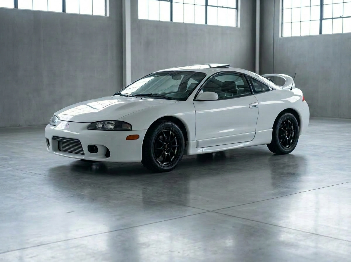 White 1999 Mitsubishi Eclipse GSX with black wheels in a minimalist concrete workshop
