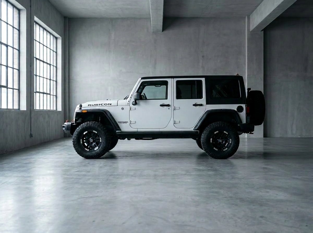 Lifted white Jeep Wrangler Rubicon JK in a minimalist concrete workshop