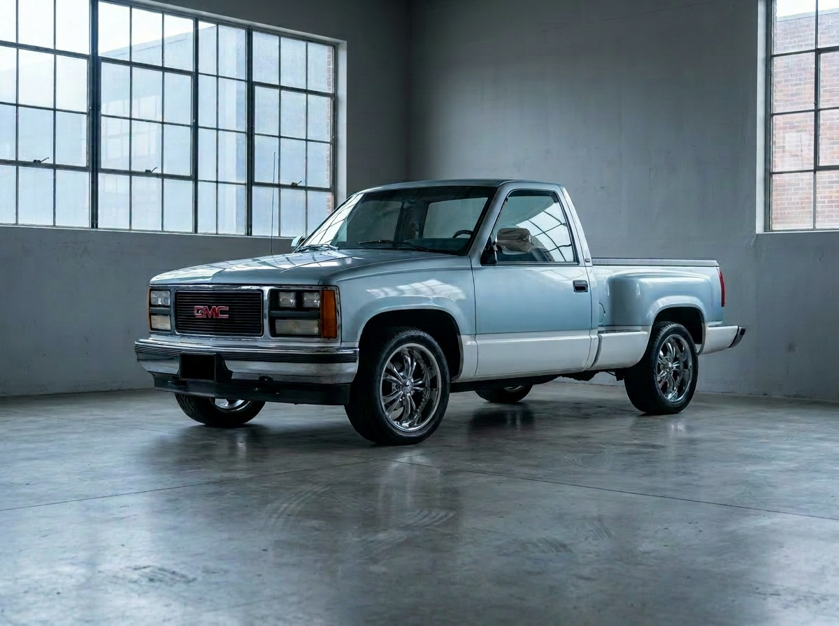 Light blue 1989 GMC stepside pickup truck in a minimalist concrete workshop