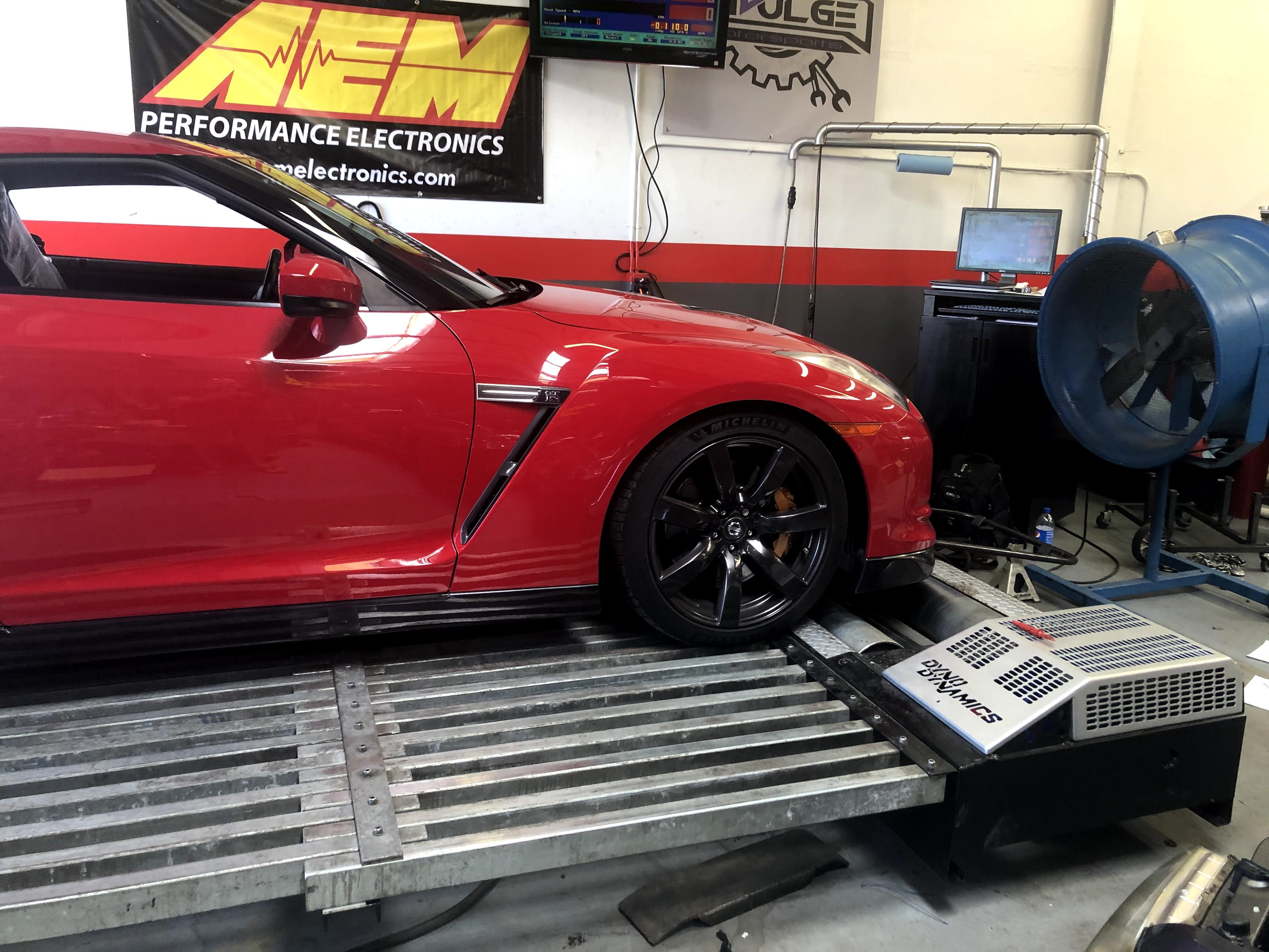 GT-R strapped down on the dyno at Indulge Motorsports