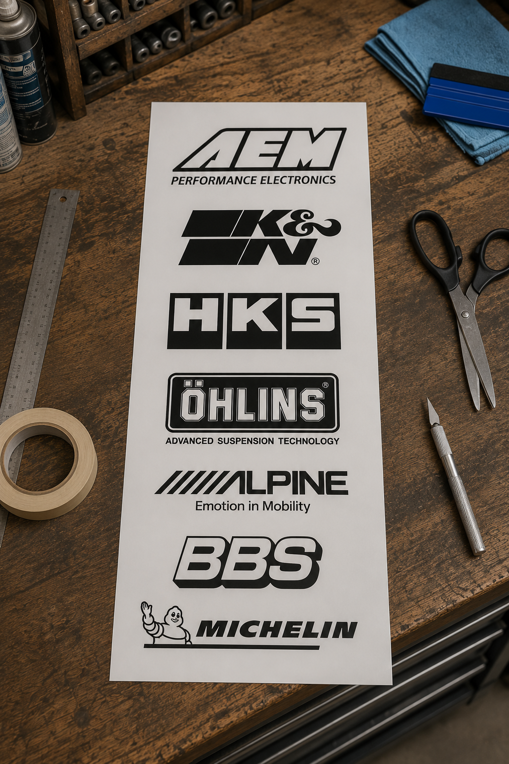Sheet of custom vinyl decals on a workshop bench