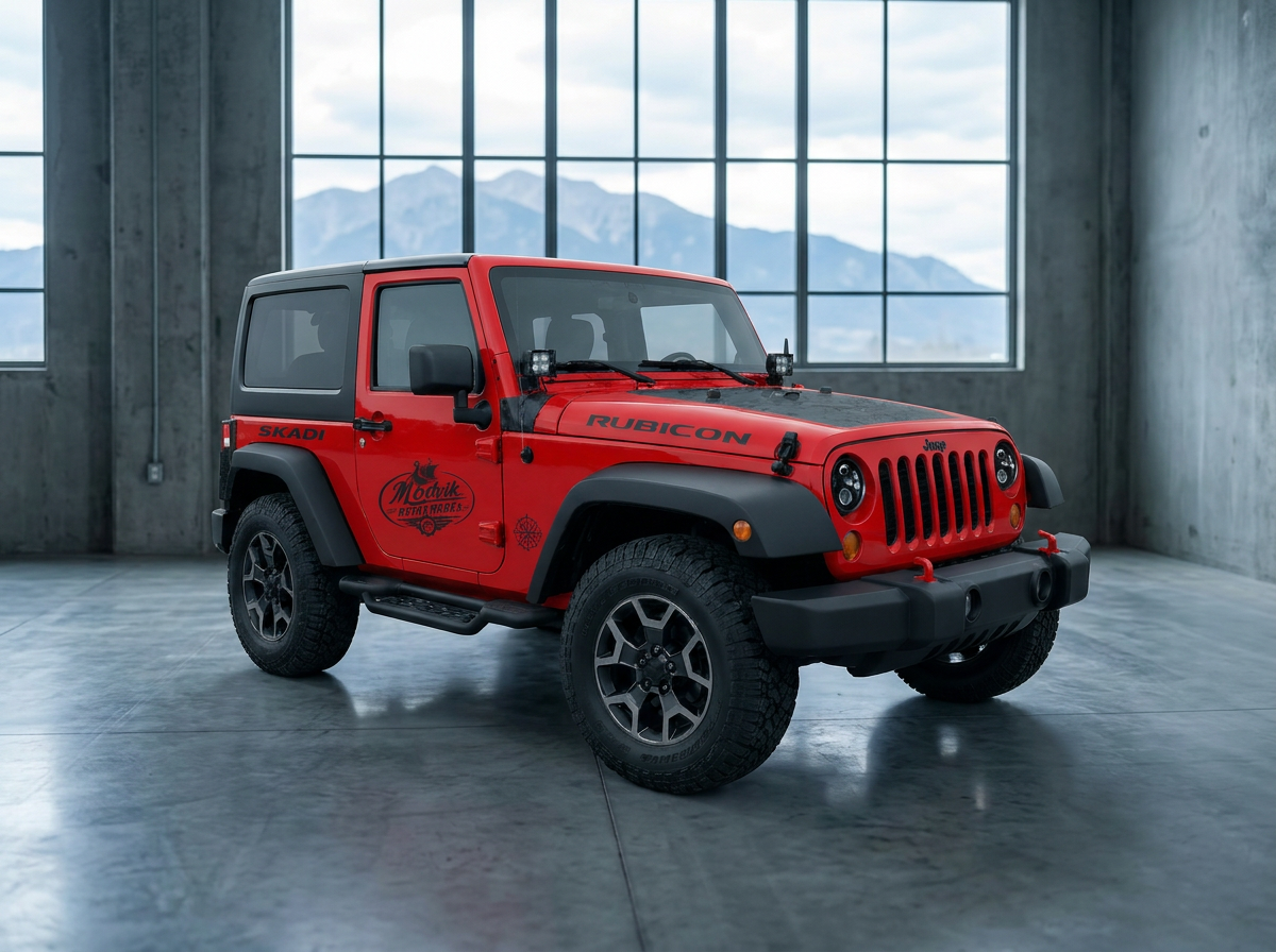 Red 2008 Jeep Wrangler JK Rubicon named Skadi with Modvik Motorworks door graphics in a minimalist concrete workshop