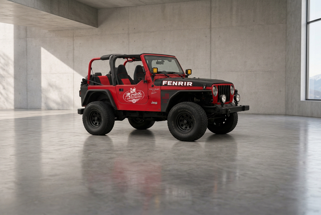 Red Jeep Wrangler TJ named Fenrir with Modvik Motorworks door graphics in a simple workshop