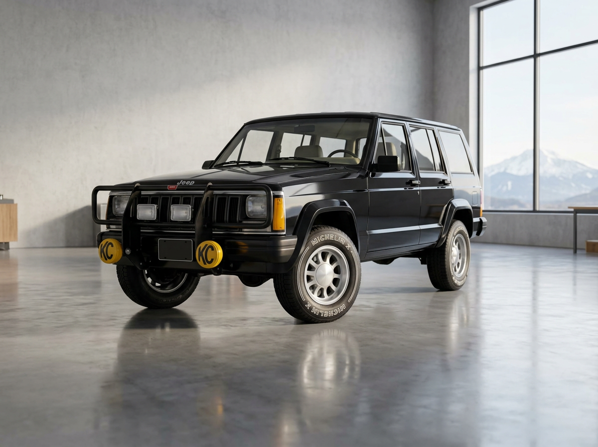Black 1984 Jeep Cherokee 4x4 Goonies replica with brush guard and KC yellow lights in a minimalist concrete workshop
