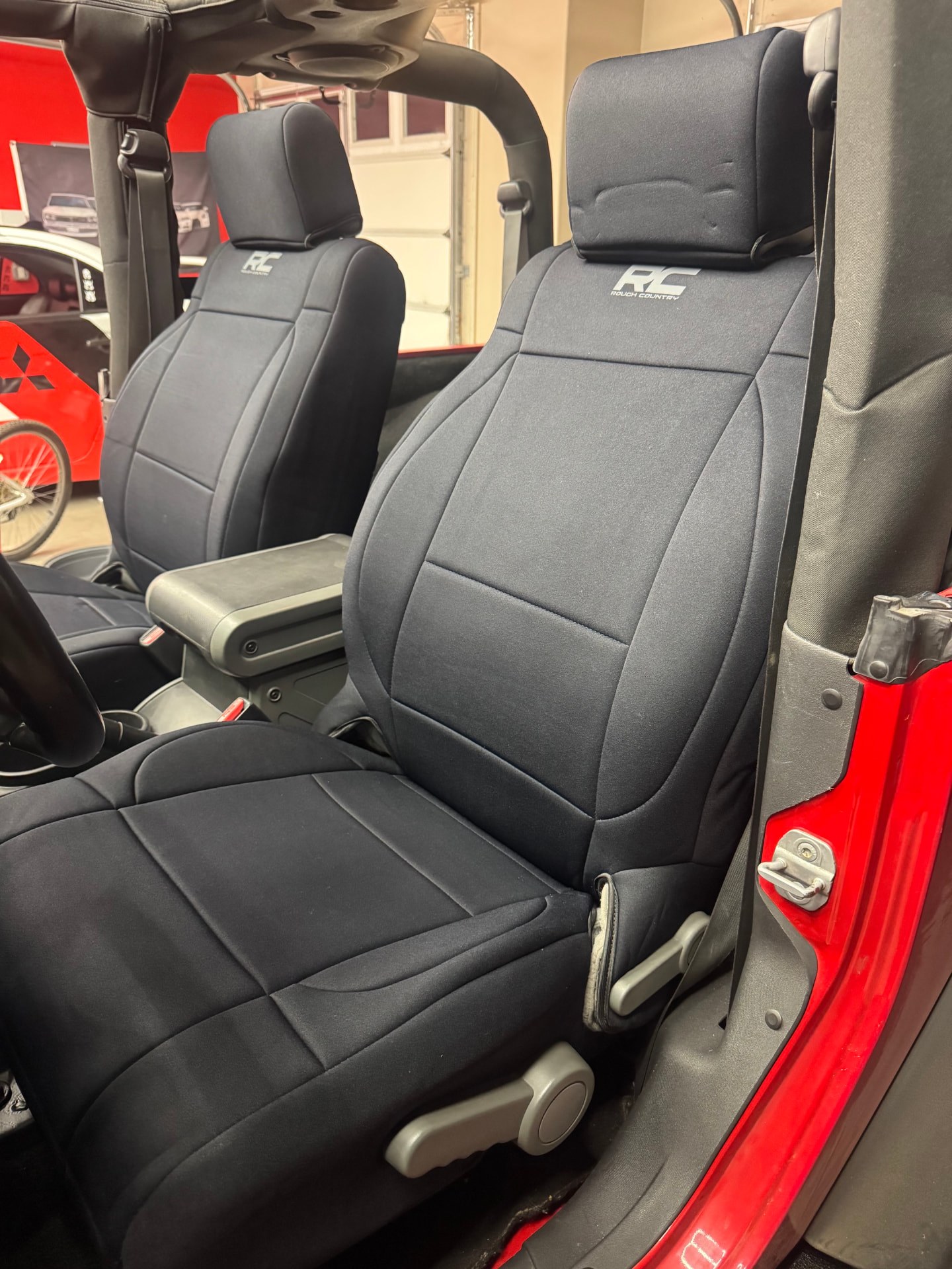 Rough Country neoprene black seat covers in Skadi's interior