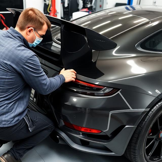 Installer applying vinyl wrap to a sports car