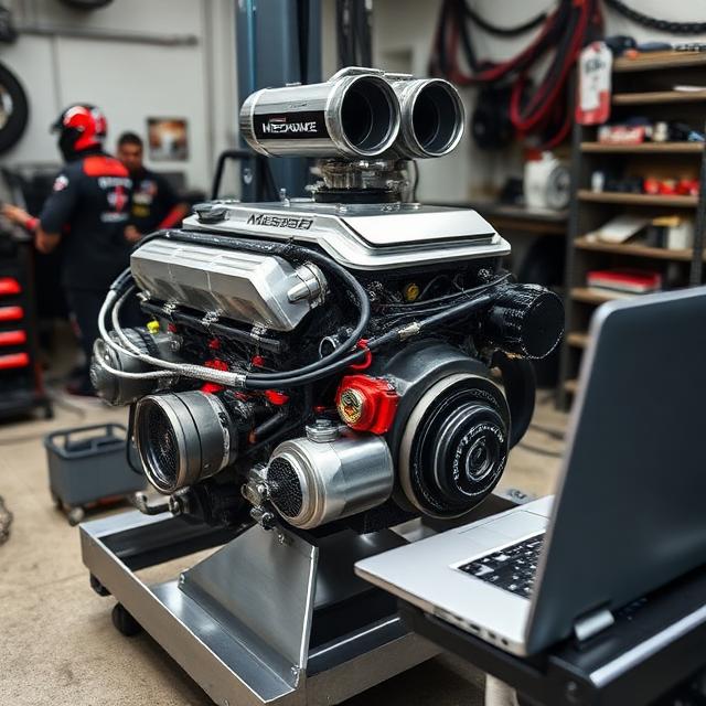Performance engine on a dyno with tuning laptop
