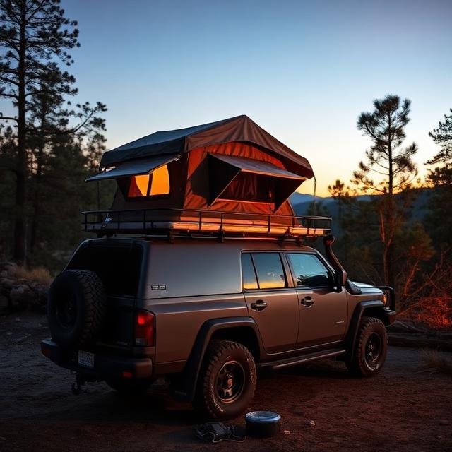 Overland roof rack and rooftop tent on a 4x4 at camp